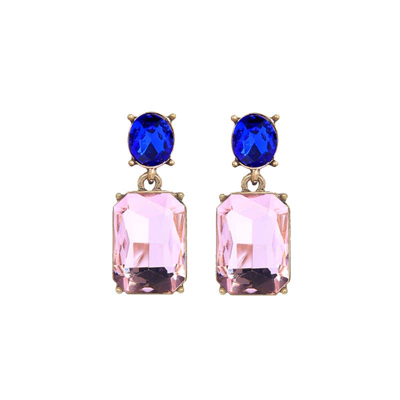 Last True Angel Soft Pink Twin Gem Stud Dangle Earrings with Royal Blue Detail