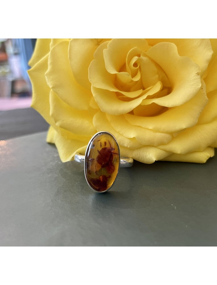 Oval Silver and Golden Baltic Amber Ring
