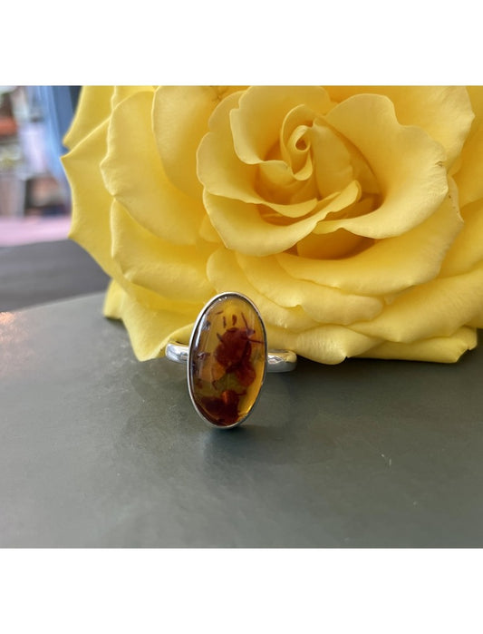 Oval Silver and Golden Baltic Amber Ring