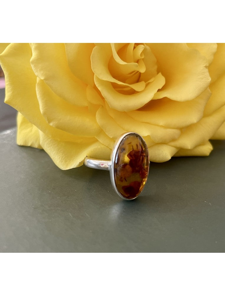 Oval Silver and Golden Baltic Amber Ring
