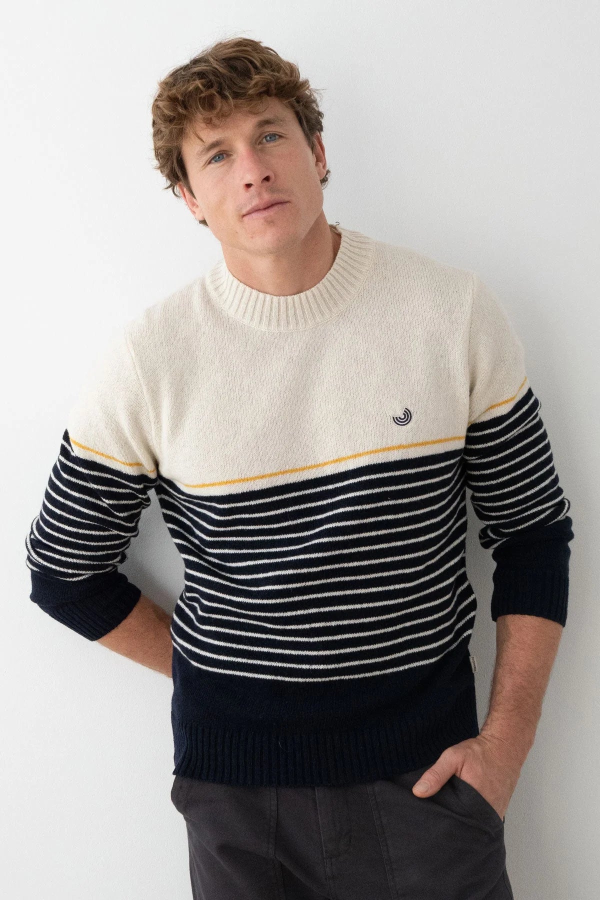 Two Thirds Robberg Navy/Ecru Striped Wool Jumper