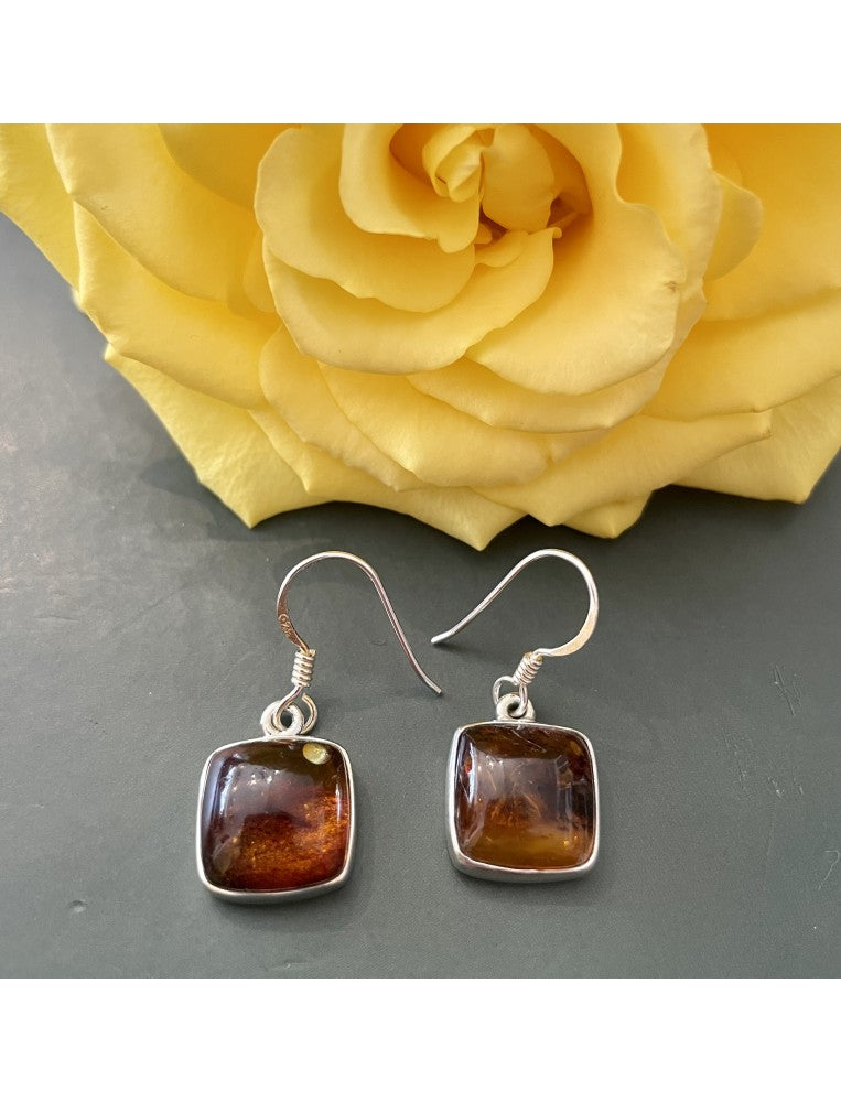 Square Golden Amber and Silver Earrings