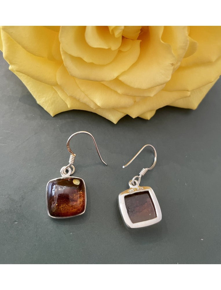 Square Golden Amber and Silver Earrings